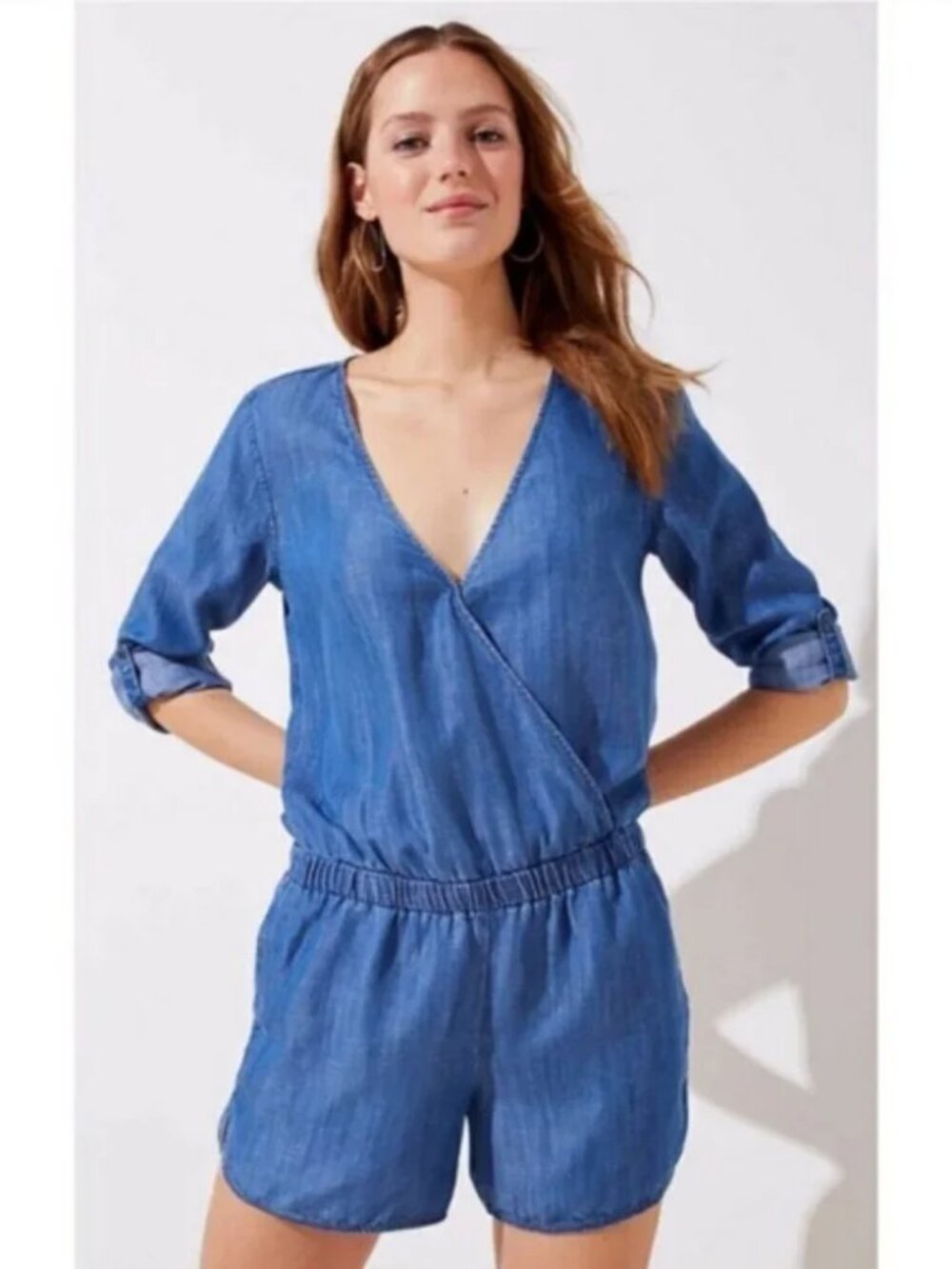 LOFT Plus Size Blue Denim Chambray Shorts Long Sleeve Roper